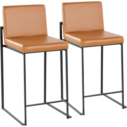Fuji 26" High Back Bar Stool in Black Metal & Camel Leatherette (Set of 2)